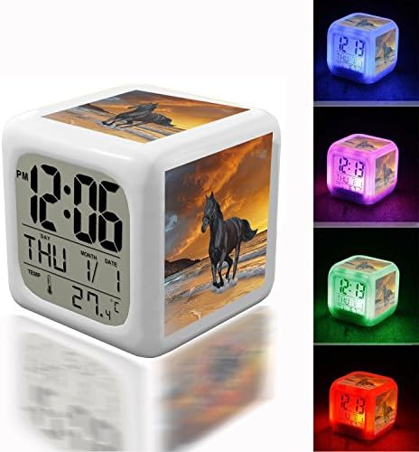 Digital Alarm Thermometer Night Glowing Cube 7 Colors Clock LED Customize the pattern 029.Black Beauty Stallion, Horse