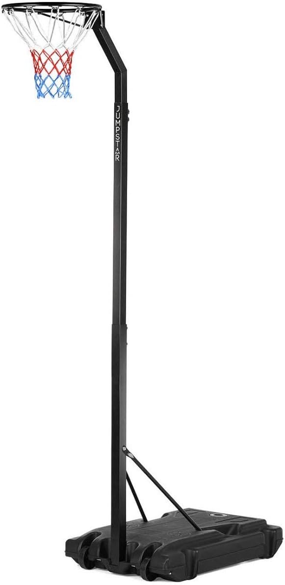 JumpStar Sports Netball Stand, Height Adjustable Post 8ft 9ft 10ft, Regulation Size Hoop, Portable Wheeled Base