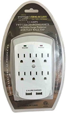 Topzone 6 AC Wall Outlet Mount Surge Protector Adapter with Dual USB Charging Ports