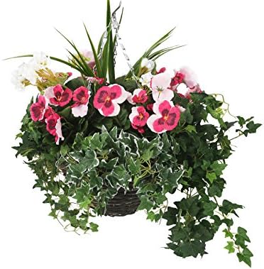 Closer2Nature Artificial Pink Pansy and White Geranium Display in a 12" Round Willow Hanging Basket, Faux Flowers Decoration Plants for Vibrant Outdoor Foliage in Garden