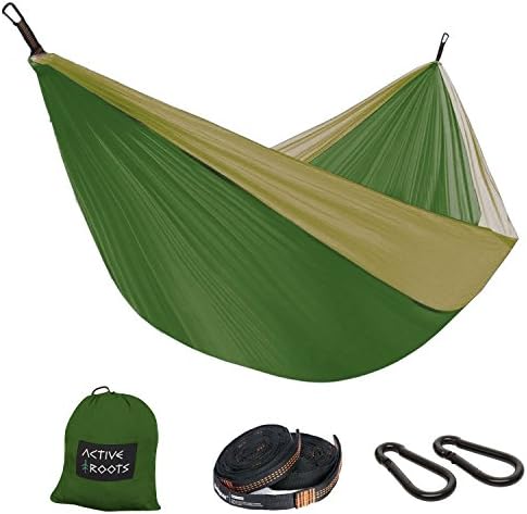 Active Roots Camping Hammock – Lightweight Portable Parachute Nylon Hammock for Backpacking, Travel, Beach, Yard – Top Quality Hammock Gear (Ropes and Carabiners) Included! (Forest Green/Khaki)