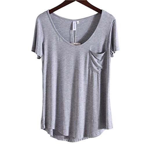 LUFENG Women's Casual V Neck T-shirt Short Sleeve High Low Tunic Loose Blouse Tops with Pocket