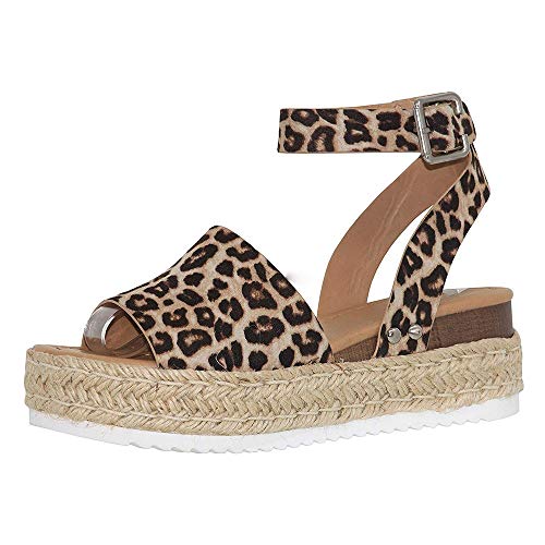 Z. Emma Women's Open Toe Ankle Strap Studded Buckle Espadrilles Platform Wedge Summer Sandals SA01 Leopard 8.5