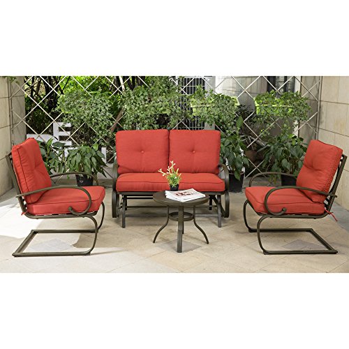 Cloud Mountain 4 Piece Cushioned Outdoor Furniture Garden Patio Conversation Set, Wrought Iron C ...