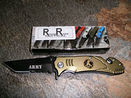 Rogue River Tactical 8" Assisted Green Army Folding Rescue Pocket Knife Half Serrated Seat Belt Cutter Glass Breaker Belt Clip Tanto Blade US Army