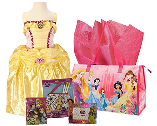 Disney Princess Birthday Gift Bundle: Belle Dress, Princess Journal, Princess Photo Frame, Color N' Style Rapunzel Purse, Reusable Princess Zippered Tote and Pink Tissue Paper