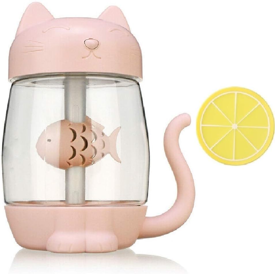 Mini Humidifier, USB Cat Small Humidifier with 350 ml Water Tank and 7-Color Night Light, 3 in 1, with USB Lamp and Fan, with Free Fruit Coaster x 1 (Pink)