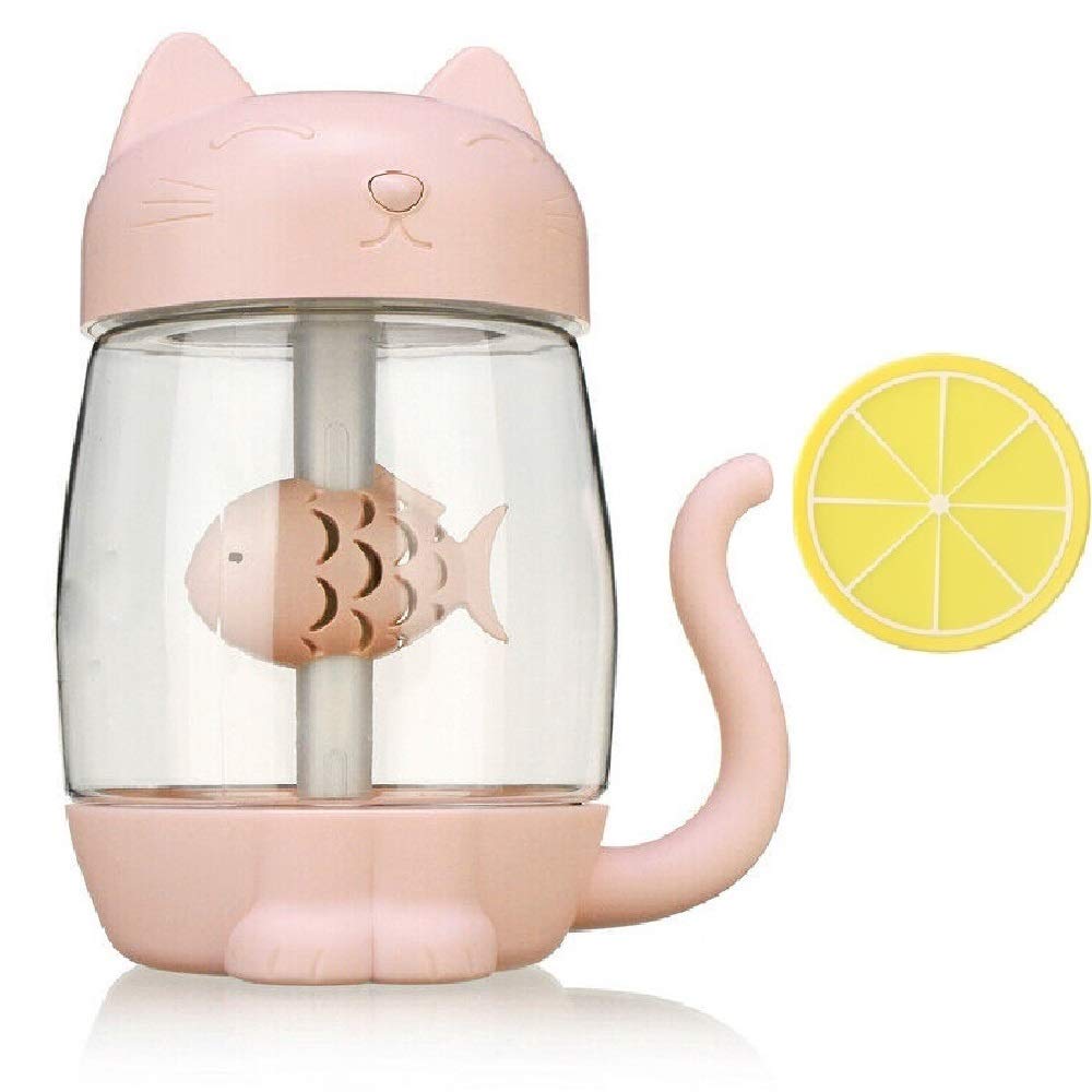 Mini Humidifier, USB Cat Small Humidifier with 350 ml Water Tank and 7-Color Night Light, 3 in 1, with USB Lamp and Fan, with Free Fruit Coaster x 1 (Pink)