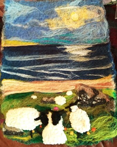 Fiber art, needlefelted 'painting' Irish landscape sheep, seascape, Atlantic Ocean, needlefelt pure wool West of Ireland, Connemara, Ireland
