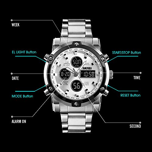 Stainless Steel Strap Outdoor Sport Watch Analog Digital LED Dual Time Display Mens Watch Sliver