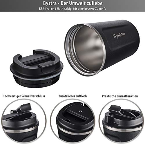 BYSTRA-Thermobecher--Kaffeebecher-to-go-100-Auslaufsicher--Isolierbecher-350ml--Trinkbecher-doppeltwand-Isolierung--Travel-Mug--Teebecher--Reisebecher-BPA-Frei--schwarz
