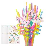 Reusable Unicorn Drinking Plastic Straws + Unicorn Temporary Tattoos for Girls | Unicorn Birthday Party Supplies - Rainbow Unicorn Party Favors Decorations - Set of 30 with Cleaning Brush