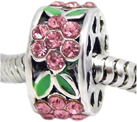 Cherityne Pink Crystal Flowers Rondelle Fits Pandora Bracelet Silver Plated Spacer Charm Bead
