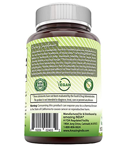 Amazing India Bitter Melon 500 mg 120 Vegetarian Capsules (Non-GMO) - Supports Liver Health, Healthy Weight Management & Helps Prevent Free Radical Damage*