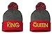 King & Queen, Pom Pom on Top Couple Matching, Warm & Stylish 12 inch Long Beanie When Unfolded