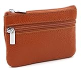 DKER Genuine Leather Card Case Wallet / Coin Change Purse with Key Ring - Brown