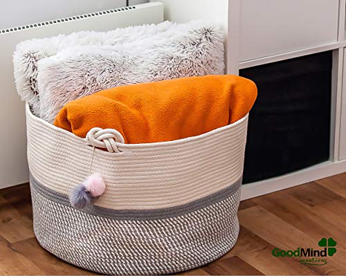 Extra Large Cotton Rope Basket 21.7"x21.7"x13.8" Soft and Safe for Kid's Room Laundry Hamper Storage Organizing Bag for Baby Clothes and Blankets, Kids Toys. Grey Nursery Woven Bin Home Decor Baskets.