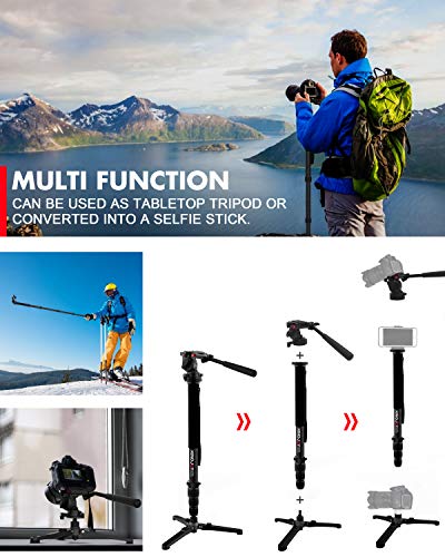 KINGJOY Professional Video Monopod Kit 69" Carbon Fiber Telescopic Camera Monopods with Pan Tilt Fluid Head and 3-Leg Tripod Base for DSLR Cameras Camcorders, MP3208+KH-6750