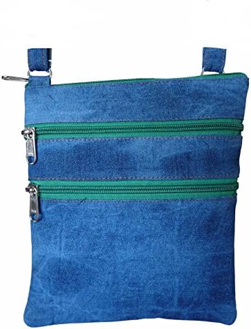 Roamlite Neck Pouch - Small Denim Shoulder Travel Bag with 5 Pockets - Passport, Holiday or Festival - 22 cm x18cm x1.5cm - RL178D (Dark Green Zips)