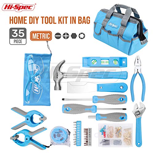 Hi-Spec 34-teiliges blaues Heimwerker-Werkzeugset & Schutzbrille mit 100-teiligem Wandbild-Aufhängeset für die Reparatur… – Bild 3