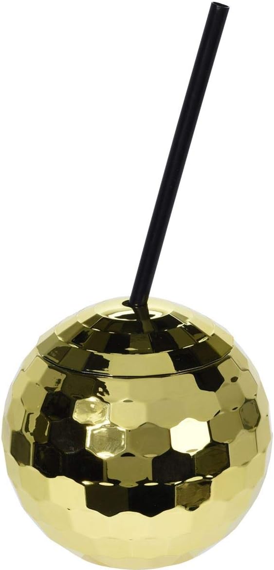 Carousel Home and Gifts Disco Ball Novelty Drinking Cup with Straw - Fun Party Time Round Plastic Glitter Ball Drinks Container ~ Gold