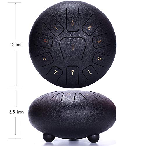 Steel Drum Tank Drum Standard 11 Key 11 Notes 10 Inch Percussion Instrument with Drum Mallets and Carry Bag (10 inch, Hammer Black)