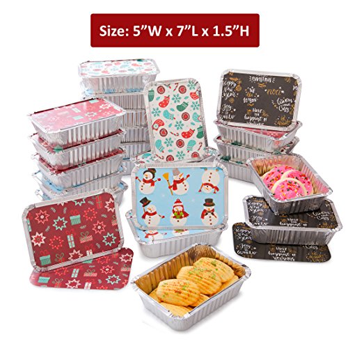Christmas Treat Foil Containers, Set of 24 (24) - 4 Holiday Designs, Snowman Festive Cover Print, Aluminum Food Containers For Gifts Of Homemade Treats, Secure Closing To Keep Fresh