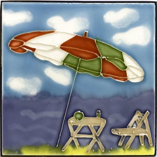 1 , BEACH , with UMBRELLA , TABLE , CHAIR, DRINKS , Decorative Tile, Art on a Ceramic Tile, about, 4" X 4" X .25", +25B2.1+