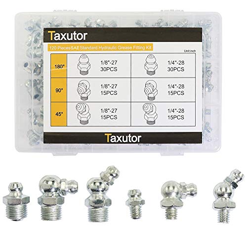 Taxutor Metric Hydraulic Grease Fittings SAE Standard 120-Piece Kit - Straight, 90 Degree, 45 Degree Angled Grease Zerks Fitting Assortment Set