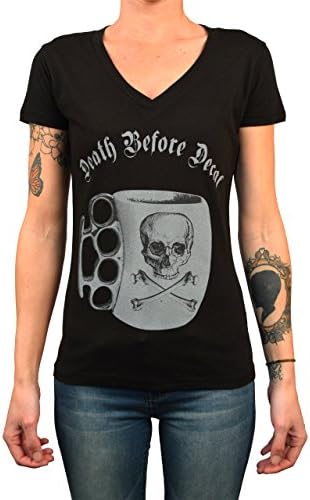 Annex Women's Death Before Decaf Coffee Cup Skull Brass Knuckles T-Shirt Tee