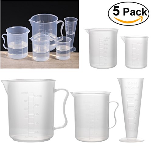 UEETEK Plastic Measuring Cup Beaker Labs Graduated Beakers 50ml 100ml 150ml 250ml 500ml,Set of 5