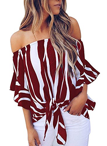 LuckyMore Womens Striped Off Shoulder Bell Sleeve Shirt Tie Knot Summer Blouses Tops (M, Wine Red) - Thumbnail 3