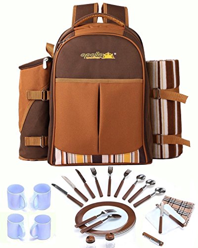 TAWA Picnic Backpack Bag for 4 Person With Cooler Compartment, Detachable Bottle/Wine Holder, Fleece Blanket, Plates and Cutlery (Coffee)