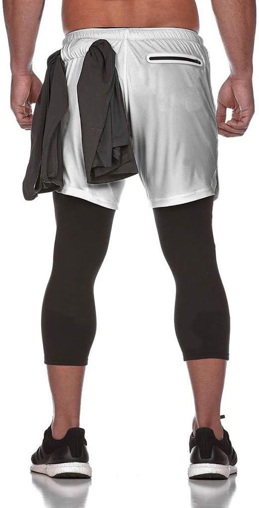 Snowmolle Men's 2-in-1 Bodybuilding Workout Shorts Lightweight Gym Training Short Running Athletic Jogger with Zipper Pockets