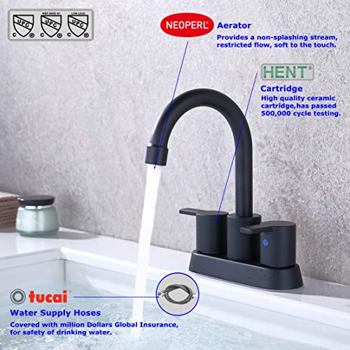 RKF Swivel Spout Two-handle Centerset bathroom faucet Lavatory faucet with pop-up drain with overflow and CUPC water supply lines,Matte Black,BF015-9-MB
