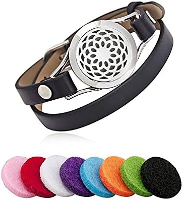 Essential Oil Diffuser Bracelet Aromatherapy Silver Sunflower Stainless Steel Black Adjustable Leather Band with 8 Color Pads for Décor Gift Girls Women