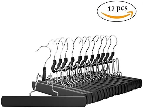 Jetdio 12-Pack Wooden Solid Hangers, Non Slip Collection Pants Hanger, Wooden Pant Hangers with Anti-rust Hook for Skirt and Slacks, Black