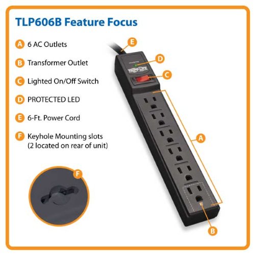 Tripp Lite 6 Outlet Surge Protector Power Strip, 6ft Cord, 790 Joules, Black, 50K Insurance (TLP606B)