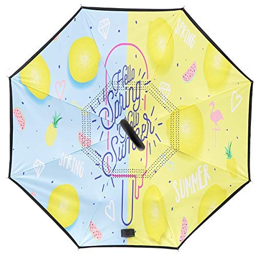 MRTLLOA Double Layer Inverted Umbrella with C-Shaped Handle, Anti-UV Waterproof Windproof Straight Umbrella for Car Rain Outdoor Use (N-Lemon)