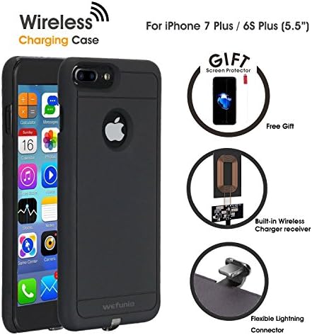 Wireless Charging Receiver Case for iPhone 7plus 6splus 6plus [No Built-in Battery], Wefunix Qi Wireless Charger Case with Flexible Lightning Connector with Screen Protector, 5.5" Black