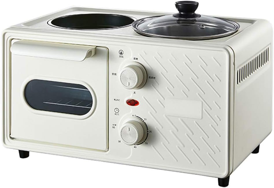 3-In-1 Breakfast Station Maker Center Multi-Function Retro Family Coffeemaker with Kettle Electric Toaster Machine Stainless Steel 6L Oven with 60Min Timing Egg Griddle Non-Stick Pot