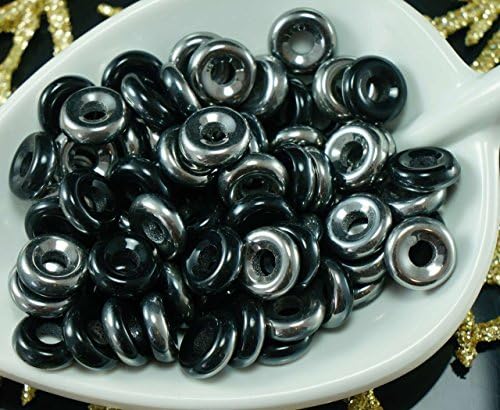 40pcs Black Graphite Silver Half Czech Glass Flat Ring Beads O Shaped Large Hole Donut 8mm