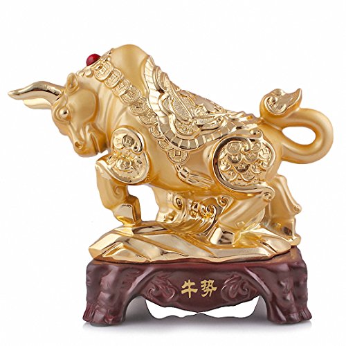 Wenmily Large Size Chinese Zodiac Ox Golden Resin Collectible Figurines Table Decor