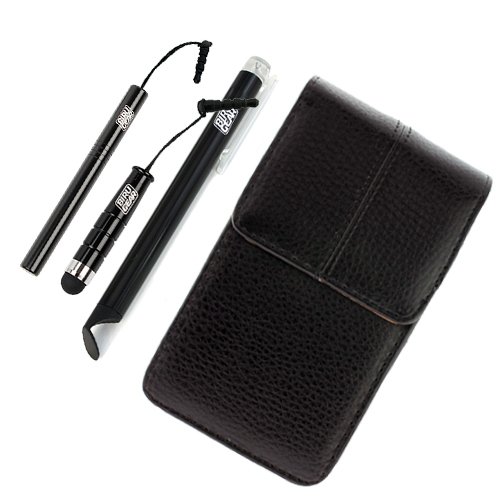 BIRUGEAR Black Vertical Leatherette Pouch Case w/ Belt Clip + 3pc stylus for Samsung Galaxy S IV / S4, Galaxy S3/ SIII; HTC One and other Android CellPhone and more