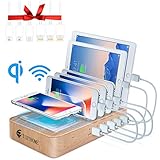 Fast Charging Station for Multiple Devices - Family Charge Docking Station&Organizer - 5 USB Port and 1 Qi Wireless Charging Pad - Compatible with iPhone iPad and Android Phone and Tablet