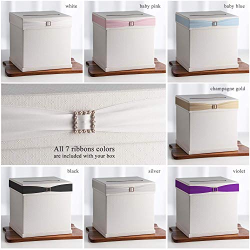 Hayley Cherie - Gift Card Box with Rhinestone Slider, Cards Label & 7 Ribbon Colors - White Textured Finish (with Cards Label)
