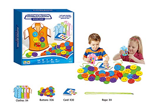 (Pack of 4) Clothes Button Board Game - Sewing on Buttons, Color Matching with Cards, Lacing Beads Board Toys, Sewing Play Kit Educational Toy for Toddlers and Preschoolers Fine Motor Skills Toy
