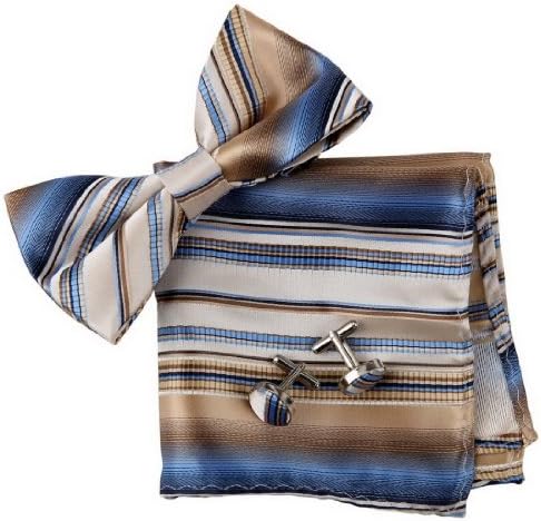 Blue Stripes Silk Pre-tied Bowtie, Cufflinks,Handkerchiefs Present Box Set royal blue gift mens Pointe BT2066 One Size Royal Blue