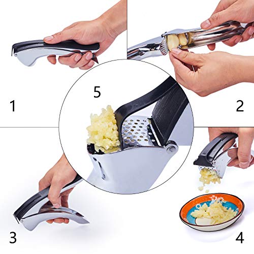 Nurch Garlic Press, Stainless Steel Mincer and Crusher Ginger Press with Garlic Scraper Professional Food Grade, Rust proof, Easy Squeeze and Clean with Ergonomic Comfort Grip