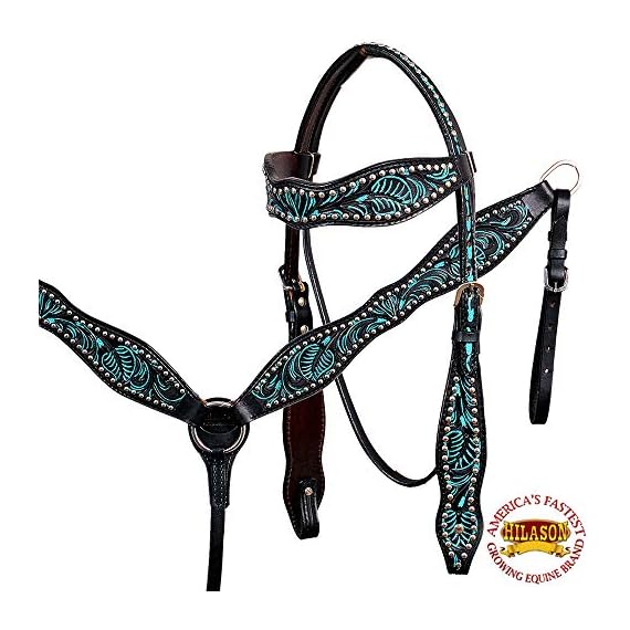 HILASON-WESTERN-AMERICAN-LEATHER-HORSE-HEADSTALL-BREAST-COLLAR-BLACK-TURQUOISE
